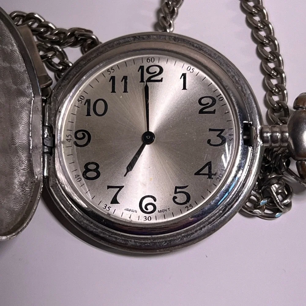 Vintage Deer Wildlife Pocket Watch Silver Tone 49mm Hunter Case Chain Untested